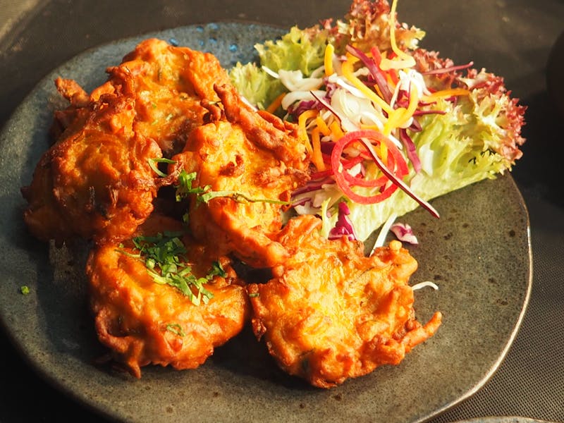 Indian starters — onion bhajis and pakoras